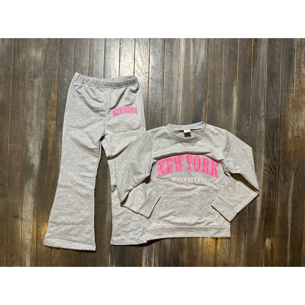 Girls New York Manhattan Gray Pink Flare Leg Sweatshirt Lounge Set 2 Piece